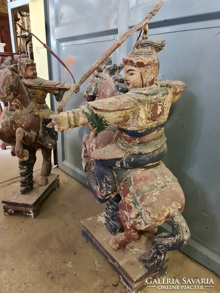 Oriental wooden statue - warrior on horseback with bow in hand