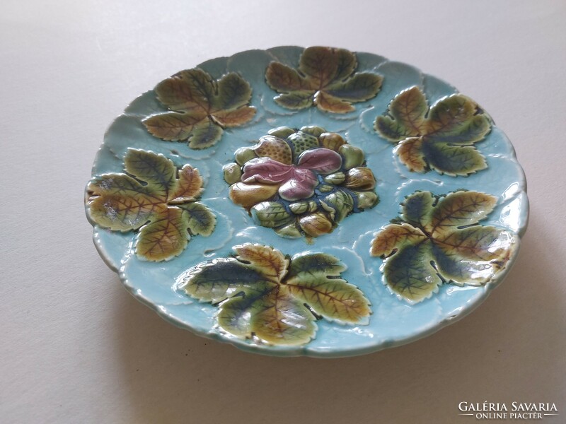 Old faience plate majolica decorative plate with chestnut leaf pattern