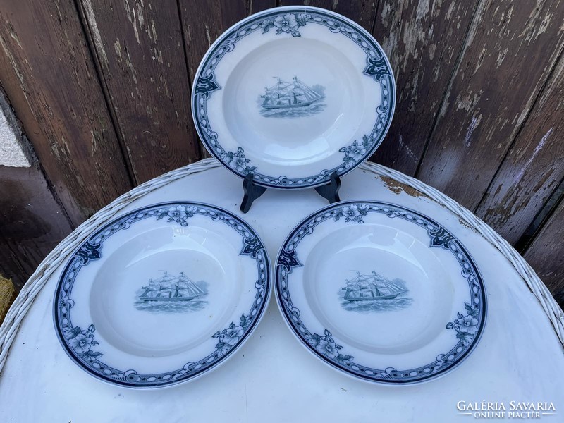 3 pieces of antique English faience large deep plate with ship pattern