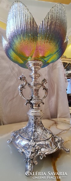 Antique silver convex fruit tray with unique tulip rainbow glass
