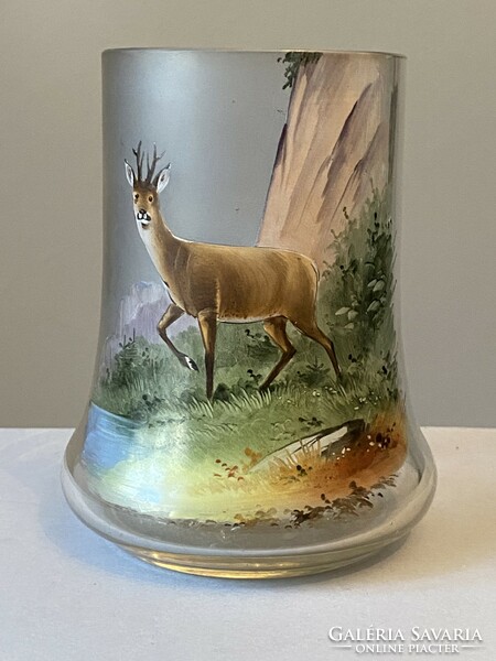 Shy doe - antique painted beer glass cup hunting deer