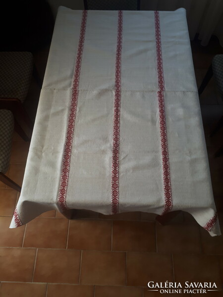 Homemade linen tablecloth with woven stripes, World Cup monogram