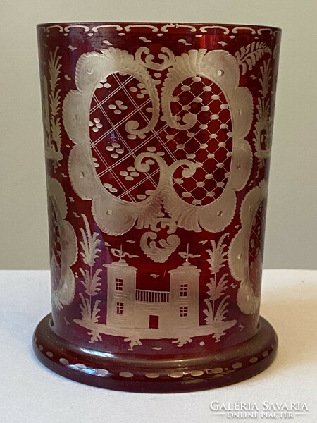 2 Layers engraved antique glass tumbler with castle deer and church decoration