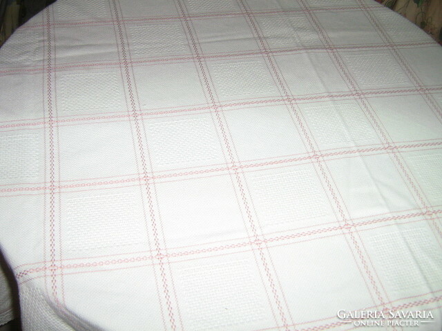Beautiful Toledo pattern white-mauve antique woven tablecloth with lace edge