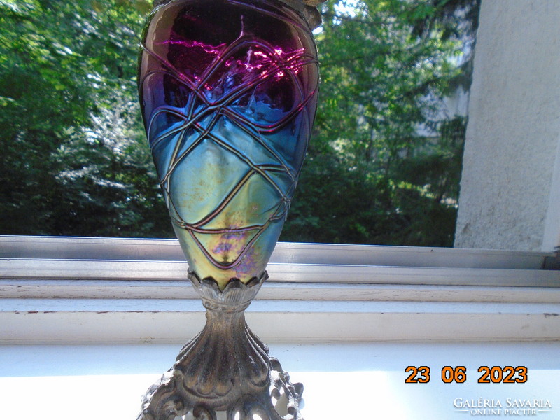 Loetz eosin purple, turquoise, green glass with gold tones Art Nouveau carafe with bronze fittings
