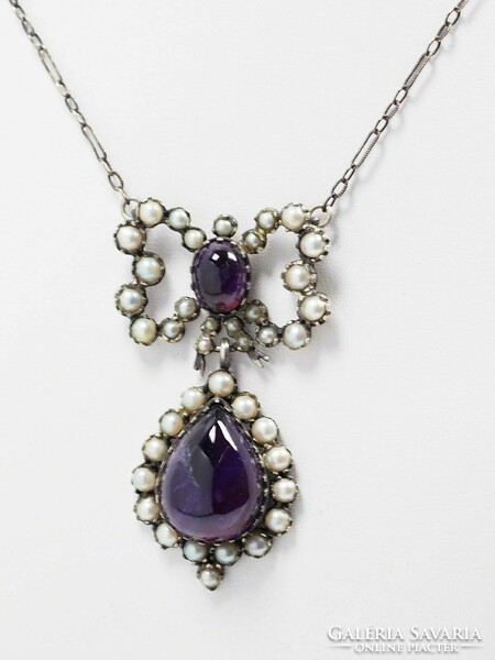 Art Nouveau silver collier with amethyst and seed pearls