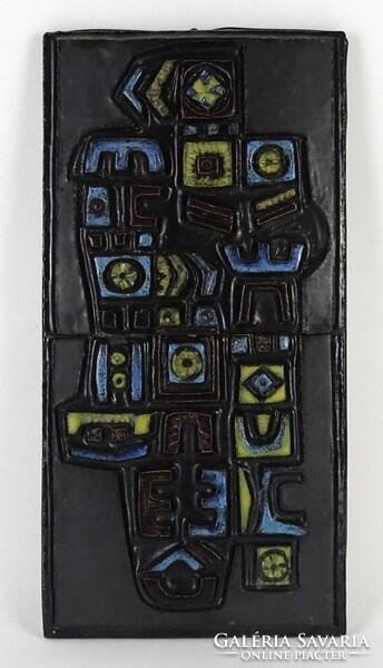 1N746 b. Teréz Urbán: black glazed abstract wall ceramic 1968 40 x 20 cm