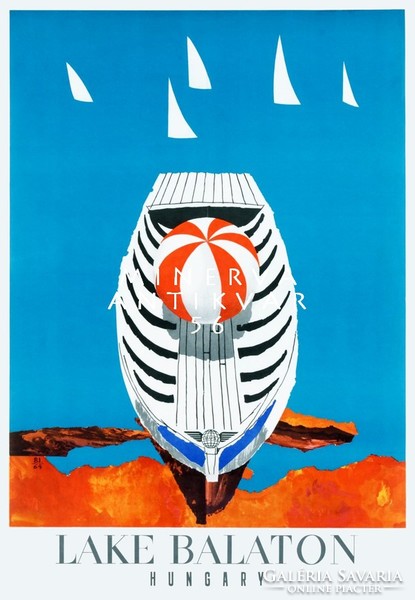 Vintage balaton poster reprint print boat shore white sailing lake blue water striped beach ball summer