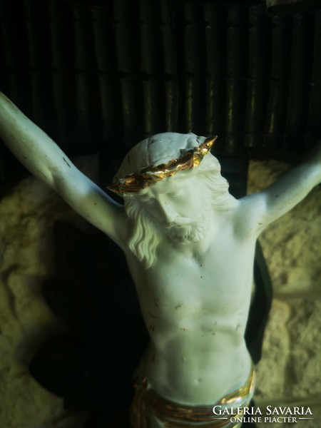 Antik Hatalmas 80cm.Korpusz kereszt faragott, biszkvit porcelán Jézus Krisztus hibátlan.