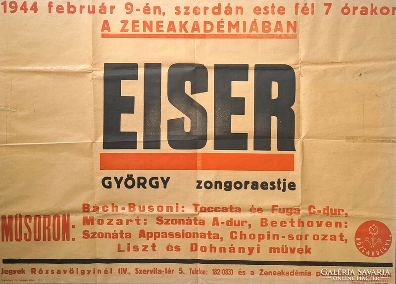 Eiser György zongoraestje - plakát 1944-ből - zsidó zongoraművész, judaika - Rózsavölgyi Kiadó