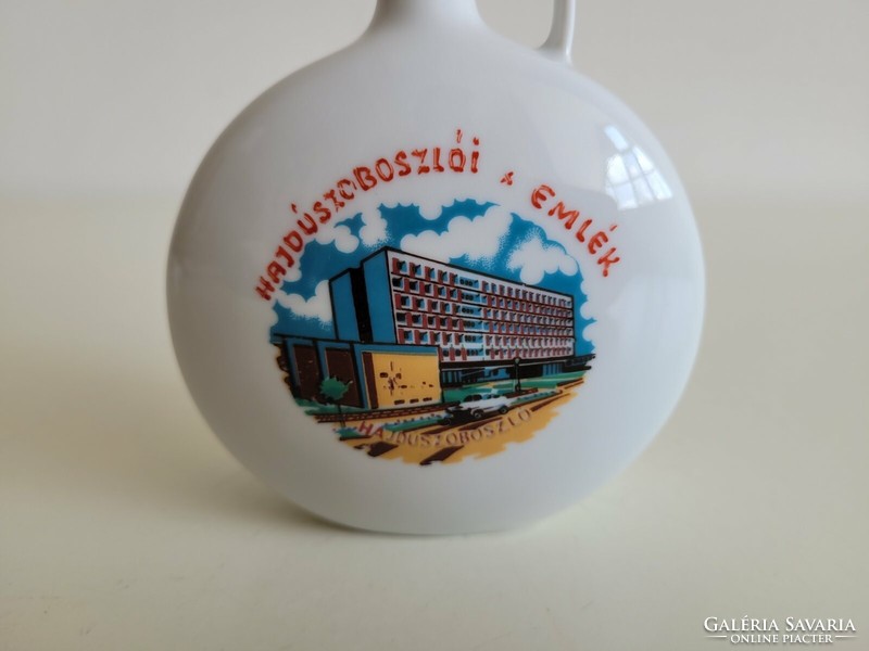 Old Hóllóháza porcelain water bottle Hajdúszoboszló memory with inscription souvenir drinking folk spout mid