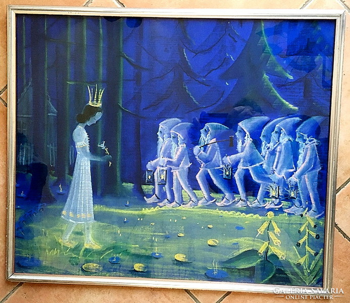 Art deco pastel image, snow white with dwarves, frame: 61 x 71 cm
