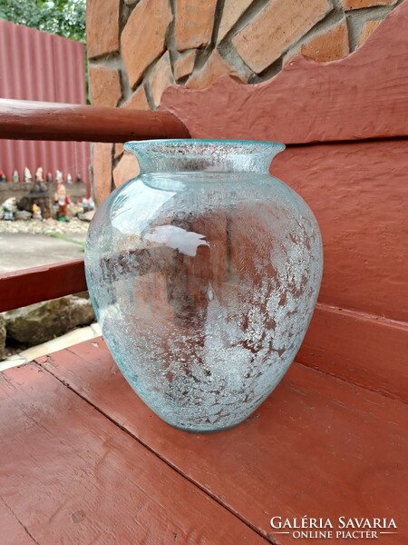 Retro türkisz kék váza repesztett Gyönyörű  Fátyolüveg fátyol karcagi berekfürdői üveg