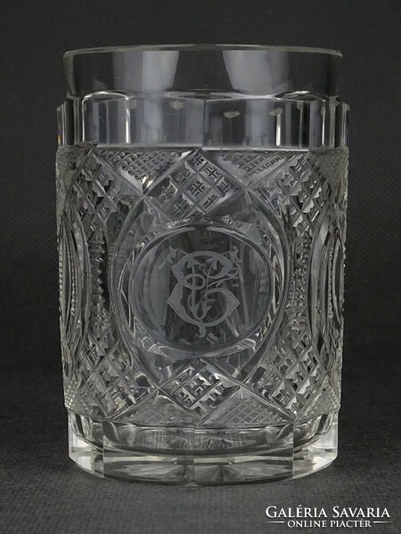 1N336 Antik monogramos üveg pohár keresztelő üveg pohár 10 cm