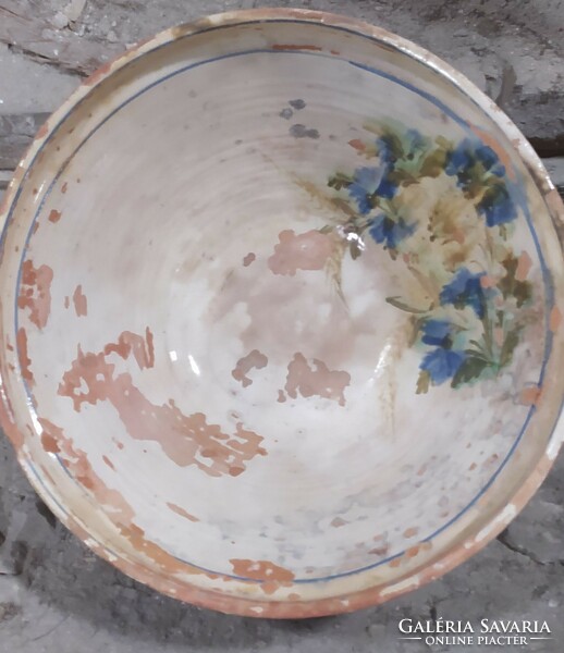 Large antique folk earthenware wedding bowl