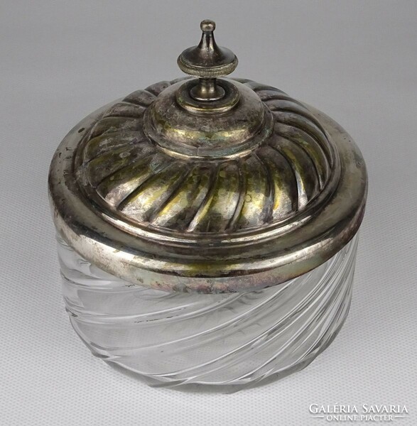 1N334 antique glass sugar bowl with silver-plated lid