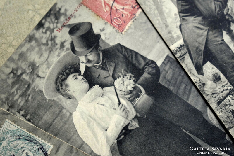 3db Antik sorozat romantikus  fotó képeslap - udvarlás