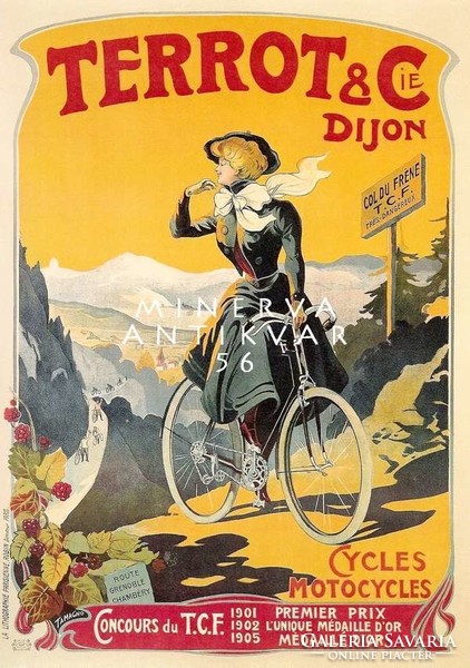 Vintage francia kerékpár bicikli reklám plakát reprint nyomat fiatal nő hegyi úton