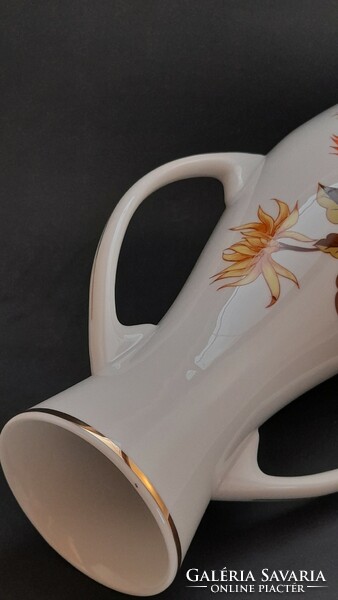 Hollóházi porcelán nagyméretű füles váza, dália mintával, 36 cm