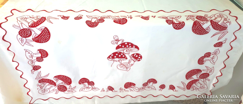 (4) Very old embroidered mushroom tablecloth/wall protector 92cm x 54cm