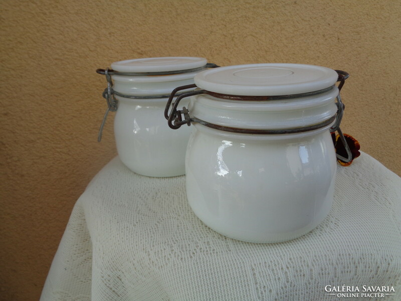 Old buckled, milk glass containers, 2 pieces approx. 11 cm