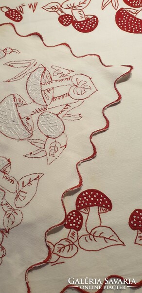 (4) Very old embroidered mushroom tablecloth/wall protector 92cm x 54cm
