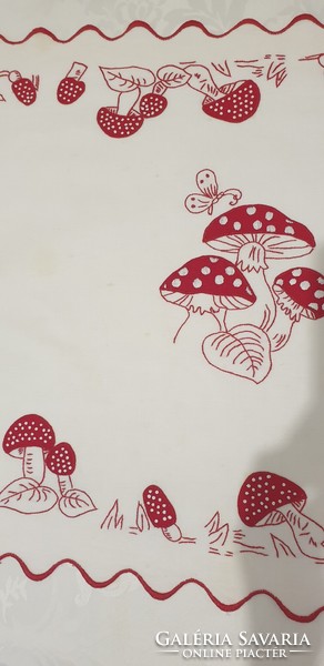 (4) Very old embroidered mushroom tablecloth/wall protector 92cm x 54cm