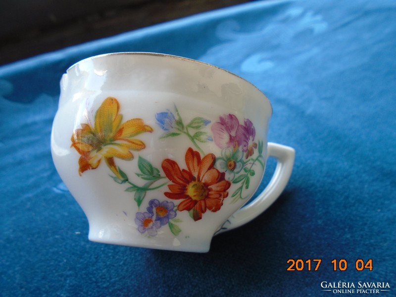 Kézzel festett pajzspecsétes Zsolnay, Meisseni virágmintás,Platina csíkos kávés csésze alátéttel