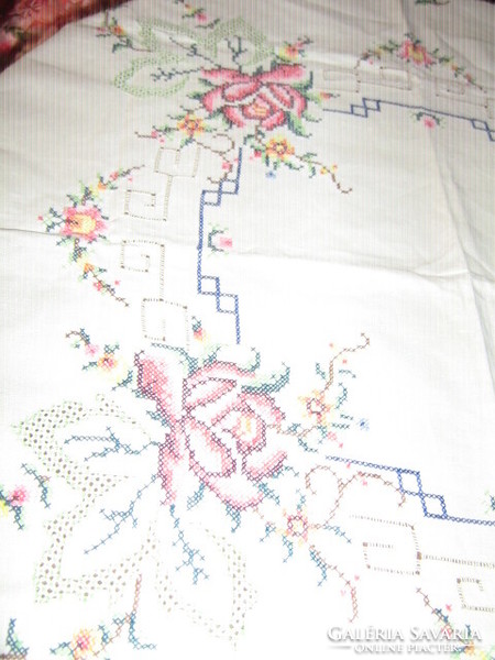Beautiful tablecloth embroidered with azure cross stitch