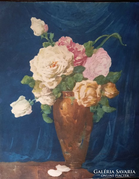 Komáromi Kacz Endre: Virágcsendélet, rózsák vázában akvarell