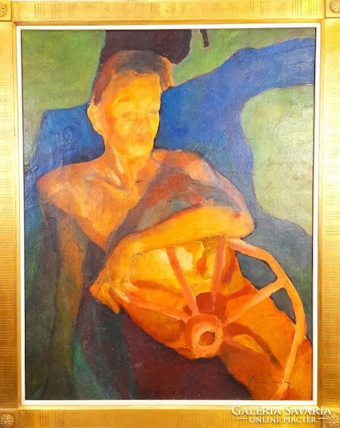Endre Domanovszky: man with wheel, oil on canvas painting - 51468