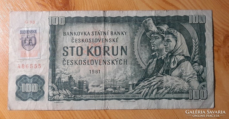 Csehszlovák 100 korona 1961 szlovák bélyeggel (1993)