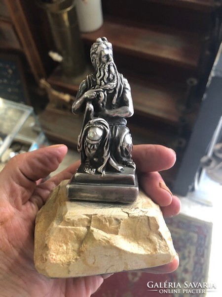 Silver statue of Moses, on a marble base, antique, 14 cm high.