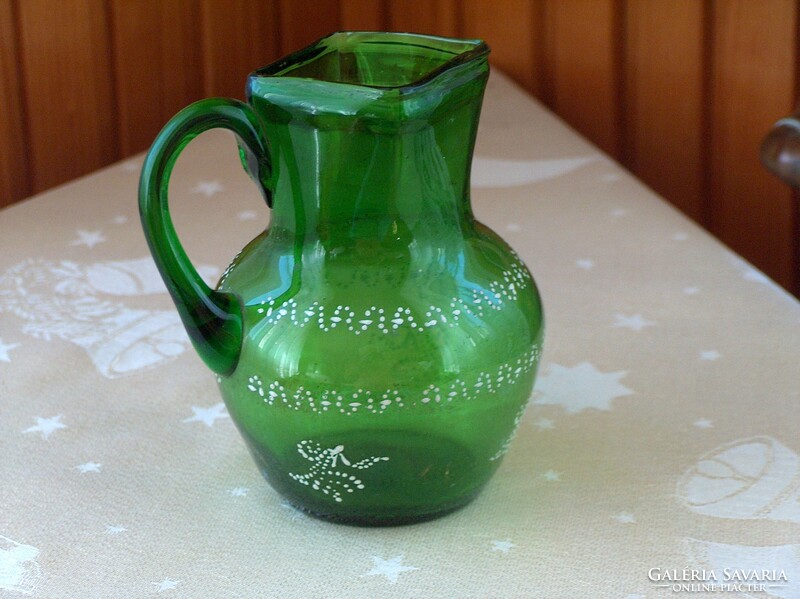 Baptismal jug, green broken huta glass, painted, art nouveau