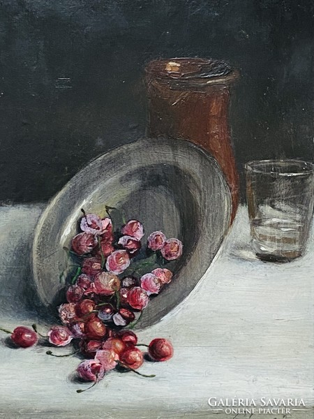László Ferenczy Várkonyi (1906-) fruit still life with pewter bowl oil cardboard labeled painting