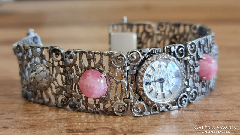 A particularly beautiful silver jewelry watch with rhodonite