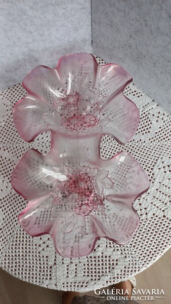 Vintage rózsaszín Walther Glass részben matt, dupla bordázott tálaló mesés virágokkal az alján