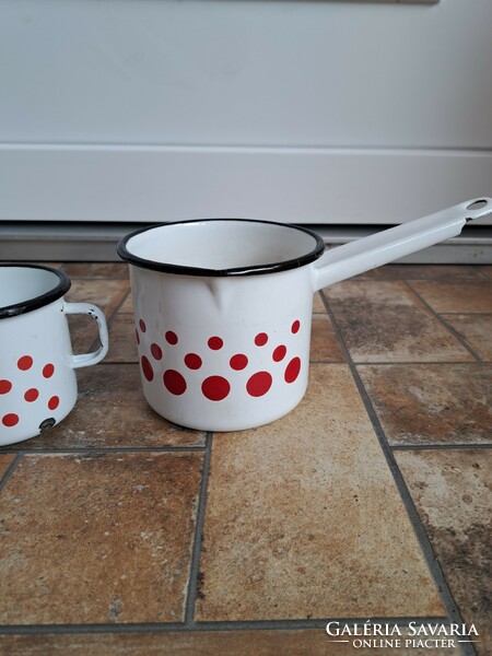 Mug with polka dots + metal enamel jug with a handle, nostalgia