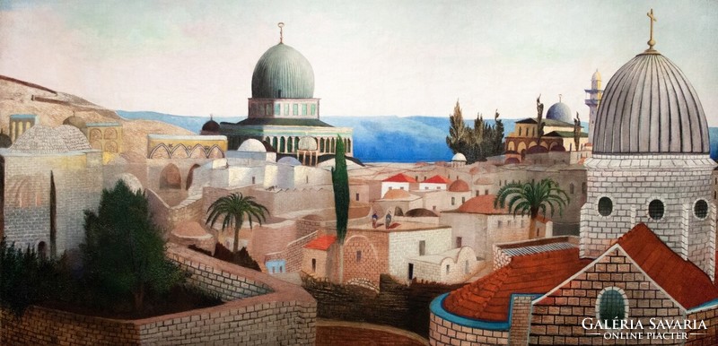 Csontváry Templomtéri kilátás a Holt-tengerre Jeruzsálemben, festmény reprint nyomata, tájkép