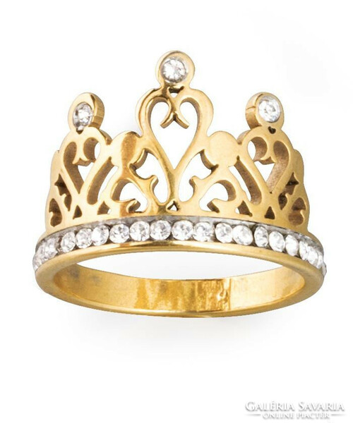 Aranyszínű királyi korona gyűrű,orvosi fémből , fehér kristályokkal díszítve körkörösen.
