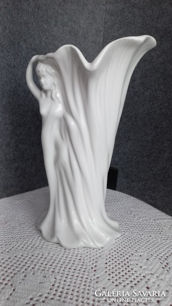 Vintage virágtölcsér alakú porcelán váza, oldalán női akt fél testtel a vázába olvadva, hibátlan
