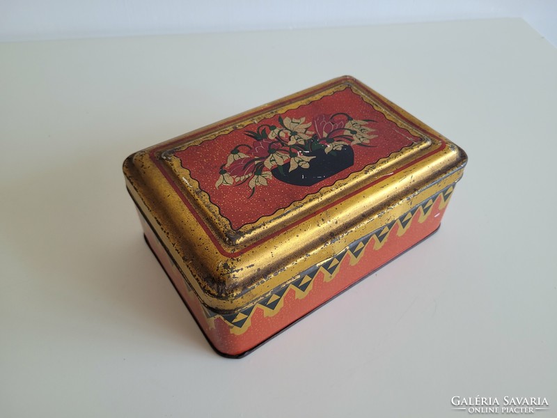 Old metal box with snow flower pattern, vintage Saint Stephen chicory coffee supplement box