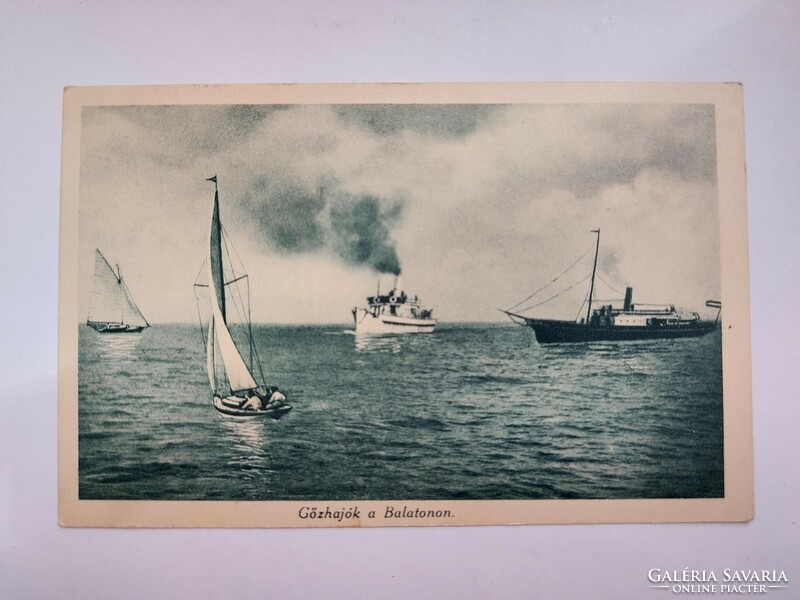 Régi képeslap 1930 Balaton gőzhajók vitorlás hajók