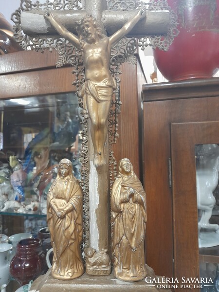 XIX. End of the century wall and table gilded wood-metal-porcelain halo altar crucifix, body. 56 Cm.