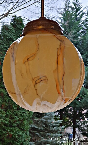 Special, art deco ceiling, hanging lamp. With old slatted shade, copper fittings.