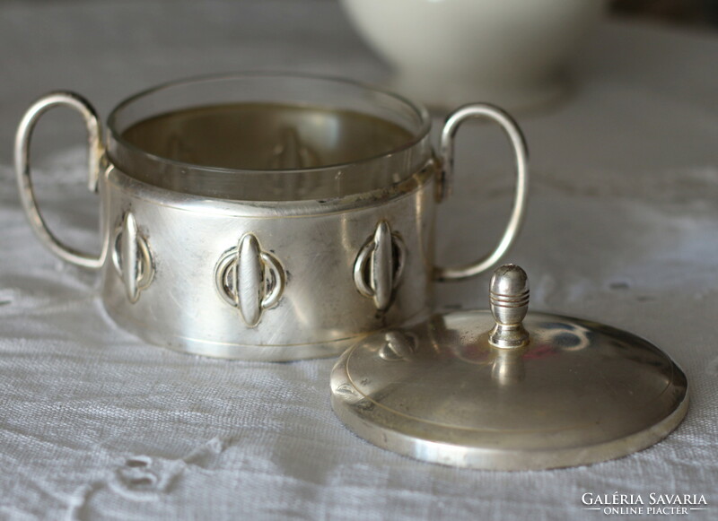 Art deco silver-plated sugar bowl with flawless etched glass insert