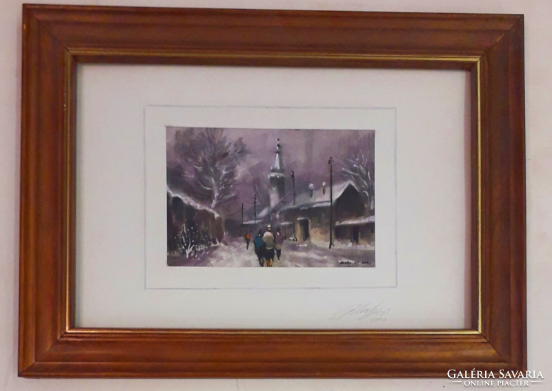 György Balázs, winter street scene, watercolor, in a picture frame