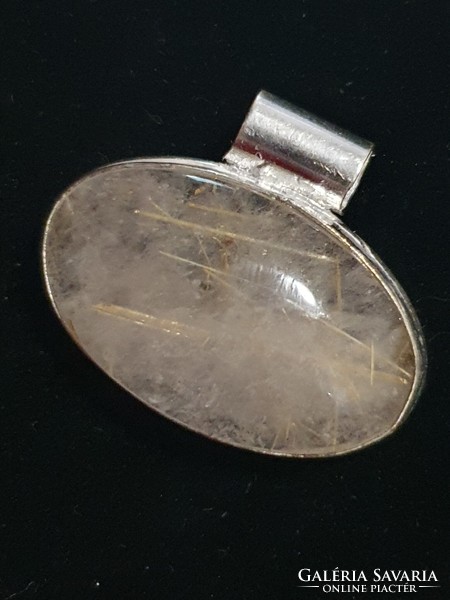 Miracle! Gold rutile quartz silver pendant with beautiful gold pins