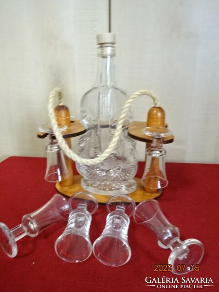 Cognac set for six, with violin-shaped bottle, wooden holder. Jokai.