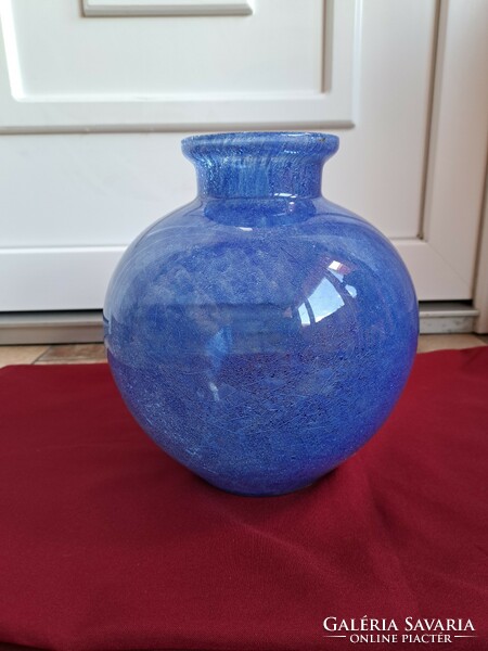 Retro kék ritkább formájú gömb váza repesztett Gyönyörű  Fátyolüveg fátyol karcagi berekfürdői üveg